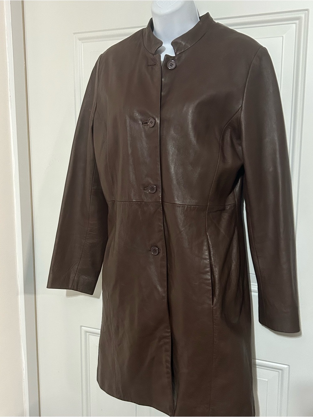 Sally & John Women's Dark Brown Leather Longline Coat with Stand Collar